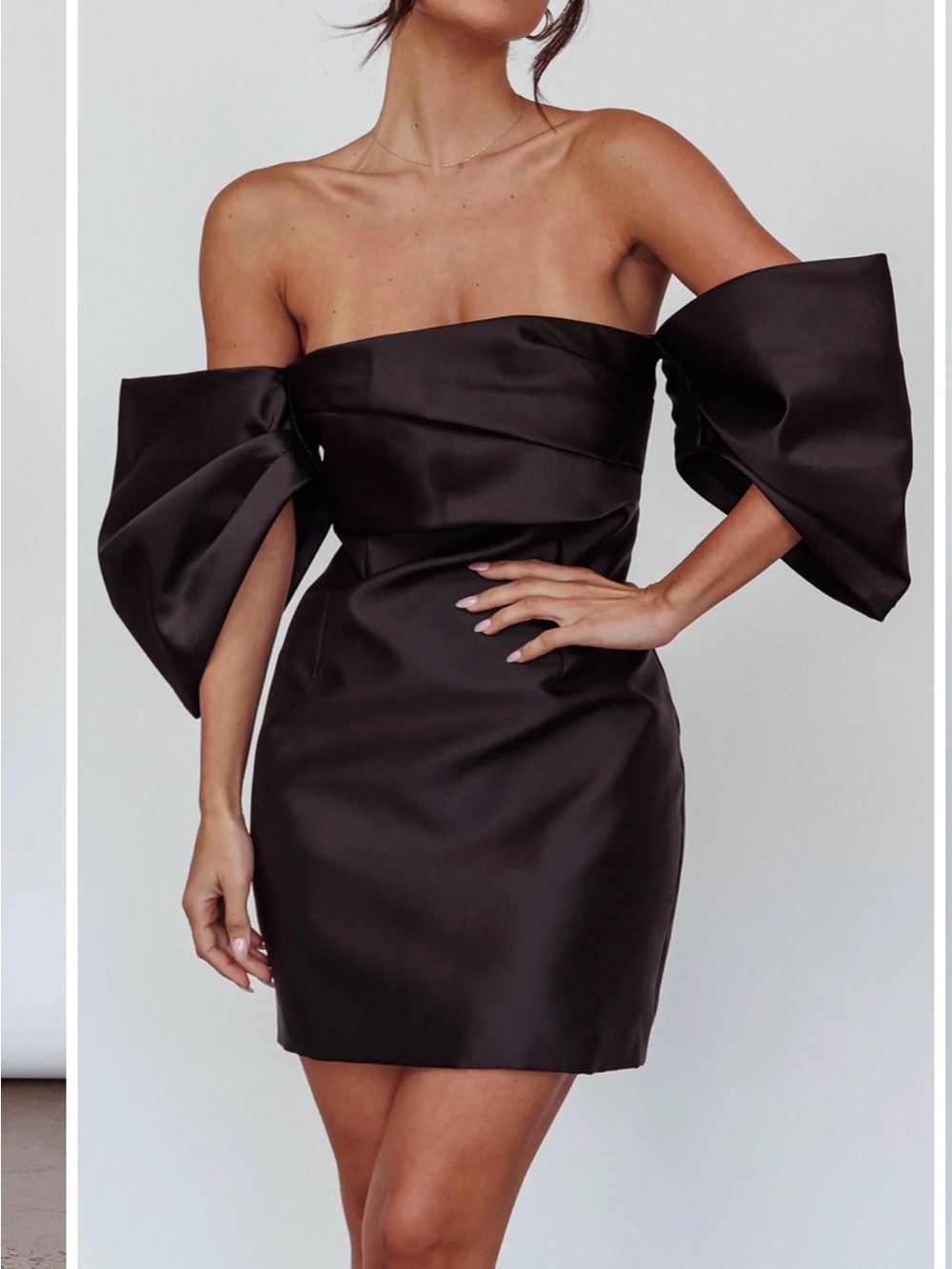 NWT Luxxel Black Satin Off Shoulder Puff Sleeve Mini Dress M